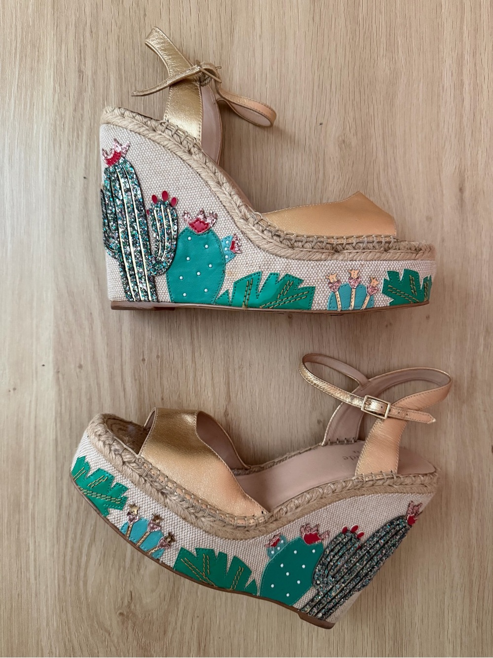 Gold Espadrille Wedge Sandals with Cactus Embroidery